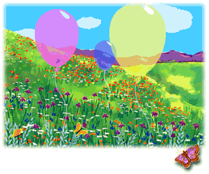 balloons floating over a field of flowers - Happy Birthday